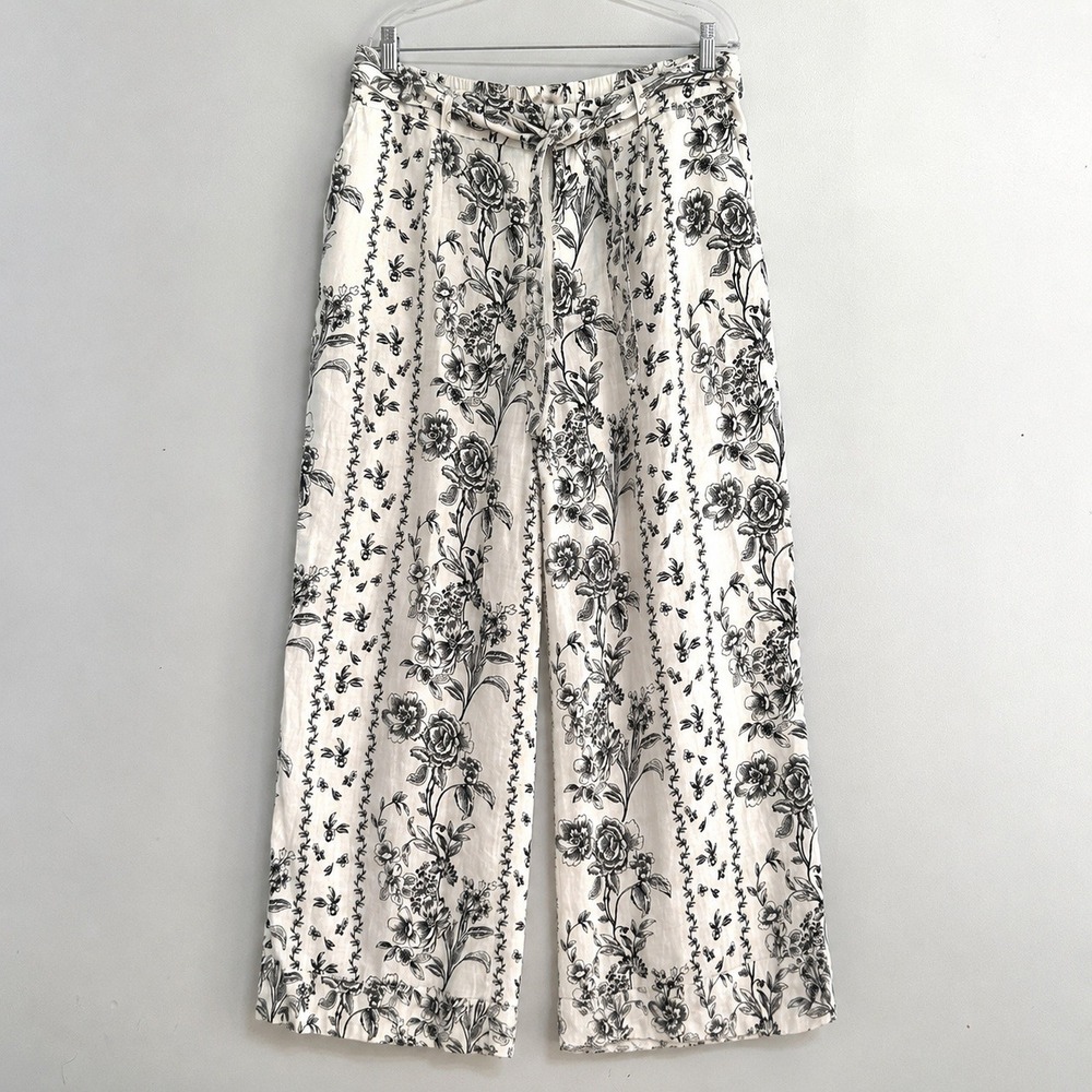 Joie Linen Wide Leg Pants Womens XL Ivory Black Floral Pull On Resort Boho